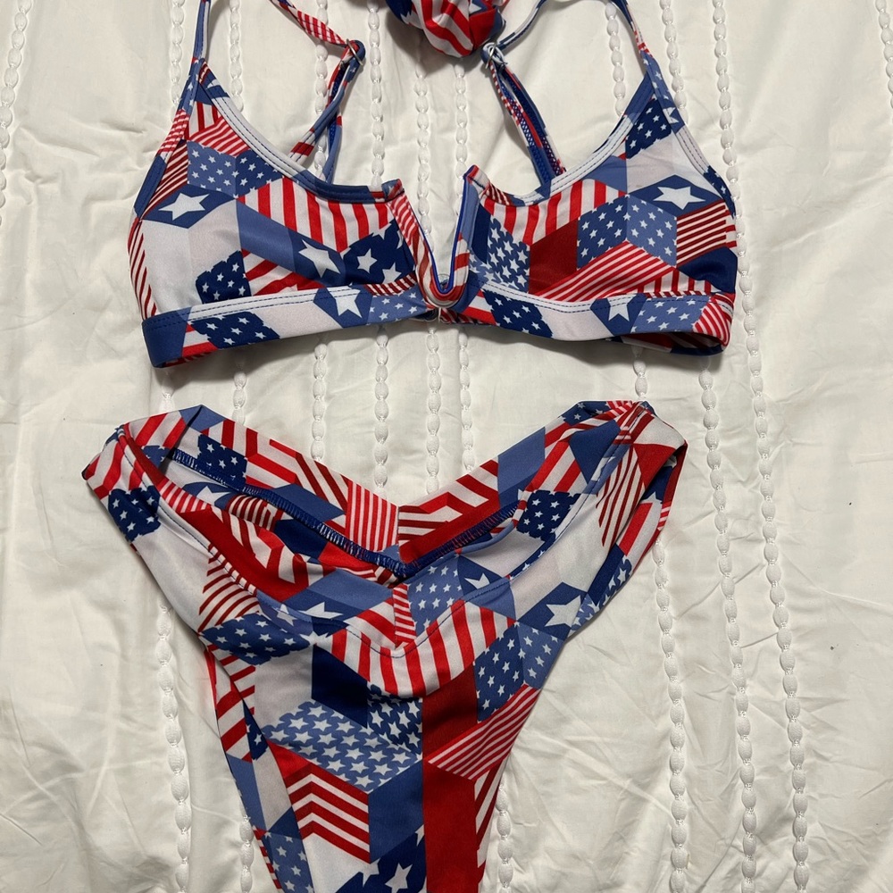 OneOne red, white, blue bikini and scrunch. Size small.